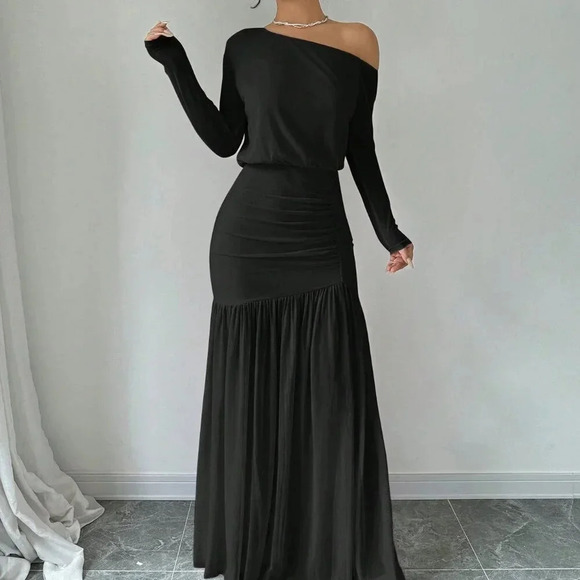 Black Elegant Women's Asymmetrical Neck long sleeved maxi Dress - Picture 1 of 5